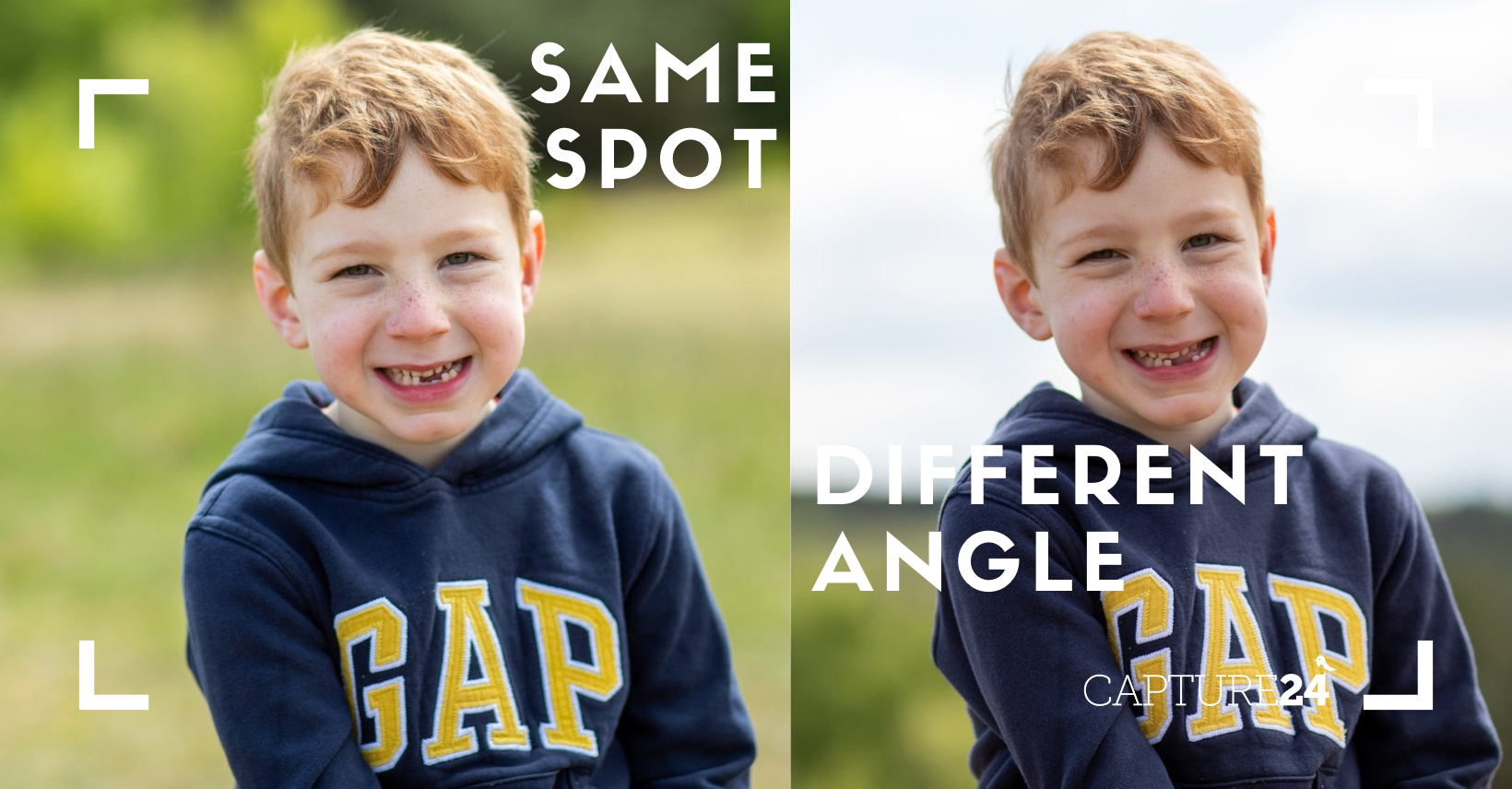 Same shot different Angle. Two photos sided by side of a boy shot at different angles. Online photography Course